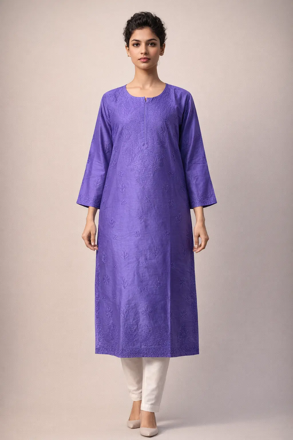 Hand embroidered Blue Chanderi Bakhiya Chikankari Kurti front view