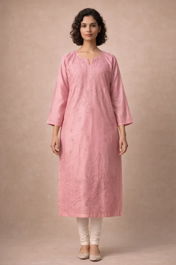 chanderi-bakhiya-chikankari-kurti-onion-1 Onion pink Chanderi Bakhiya Lucknowi Chikankari Kurti for women front view