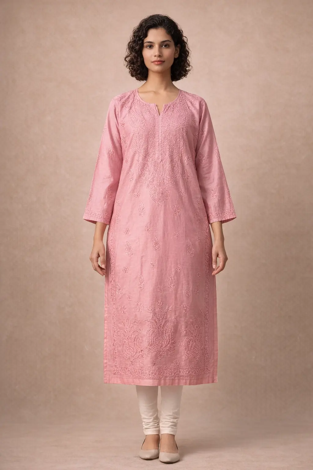 Onion pink Chanderi Bakhiya Lucknowi Chikankari Kurti for women front view