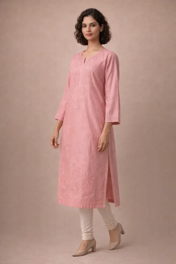 chanderi-bakhiya-chikankari-kurti-onion-2 Side view of onion Chanderi bakhiya chikankari kurti for women