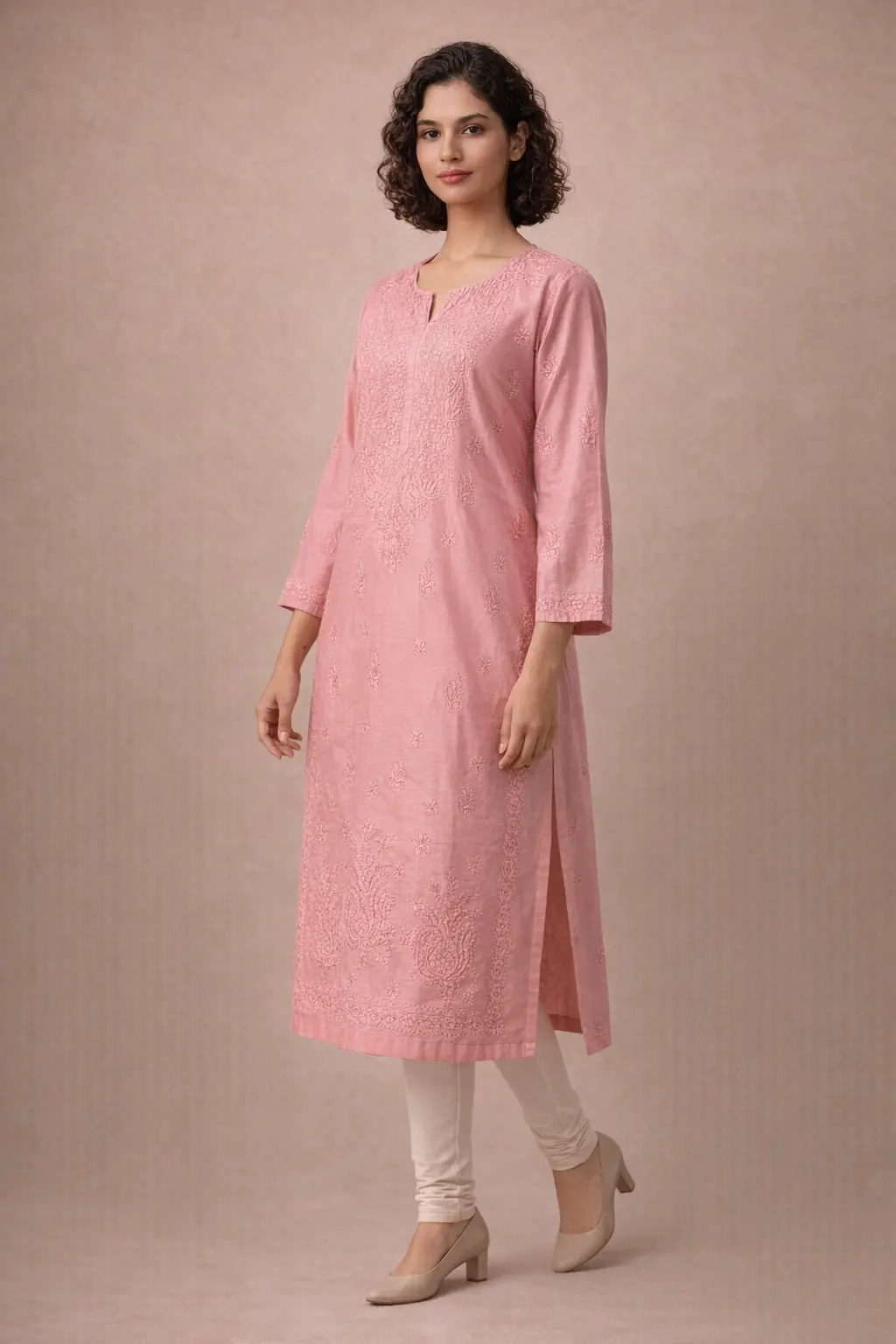 chanderi-bakhiya-chikankari-kurti-onion-2 Side view of onion Chanderi bakhiya chikankari kurti for women