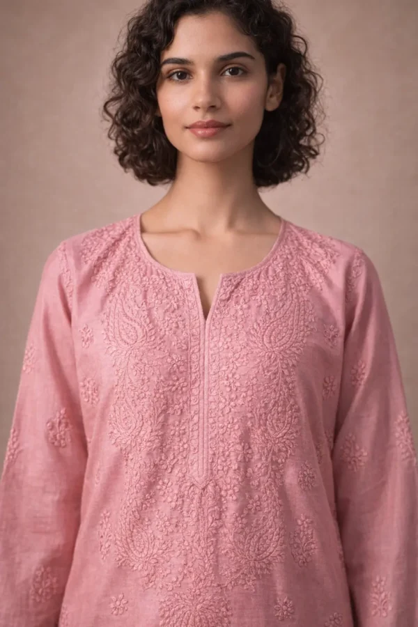 chanderi-bakhiya-chikankari-kurti-onion-3 Close up of Bakhiya hand embroidery on onion pink authentic Chanderi chikankari kurti