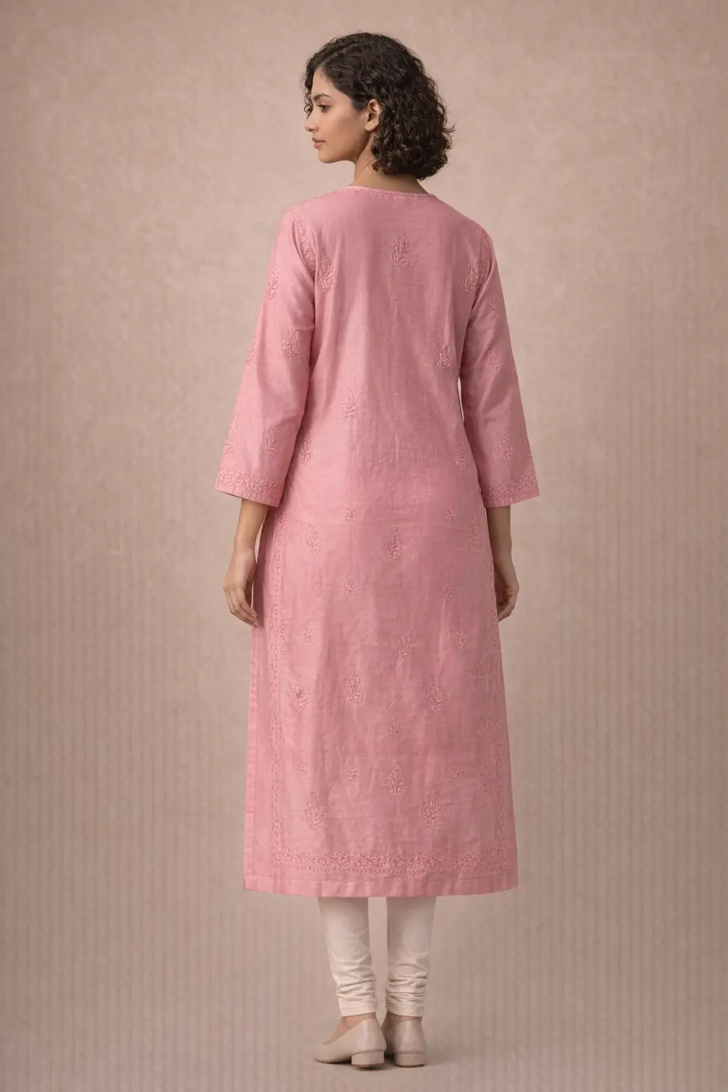 chanderi-bakhiya-chikankari-kurti-onion-6 Model wearing onion color Chanderi bakhiya chikankari kurti