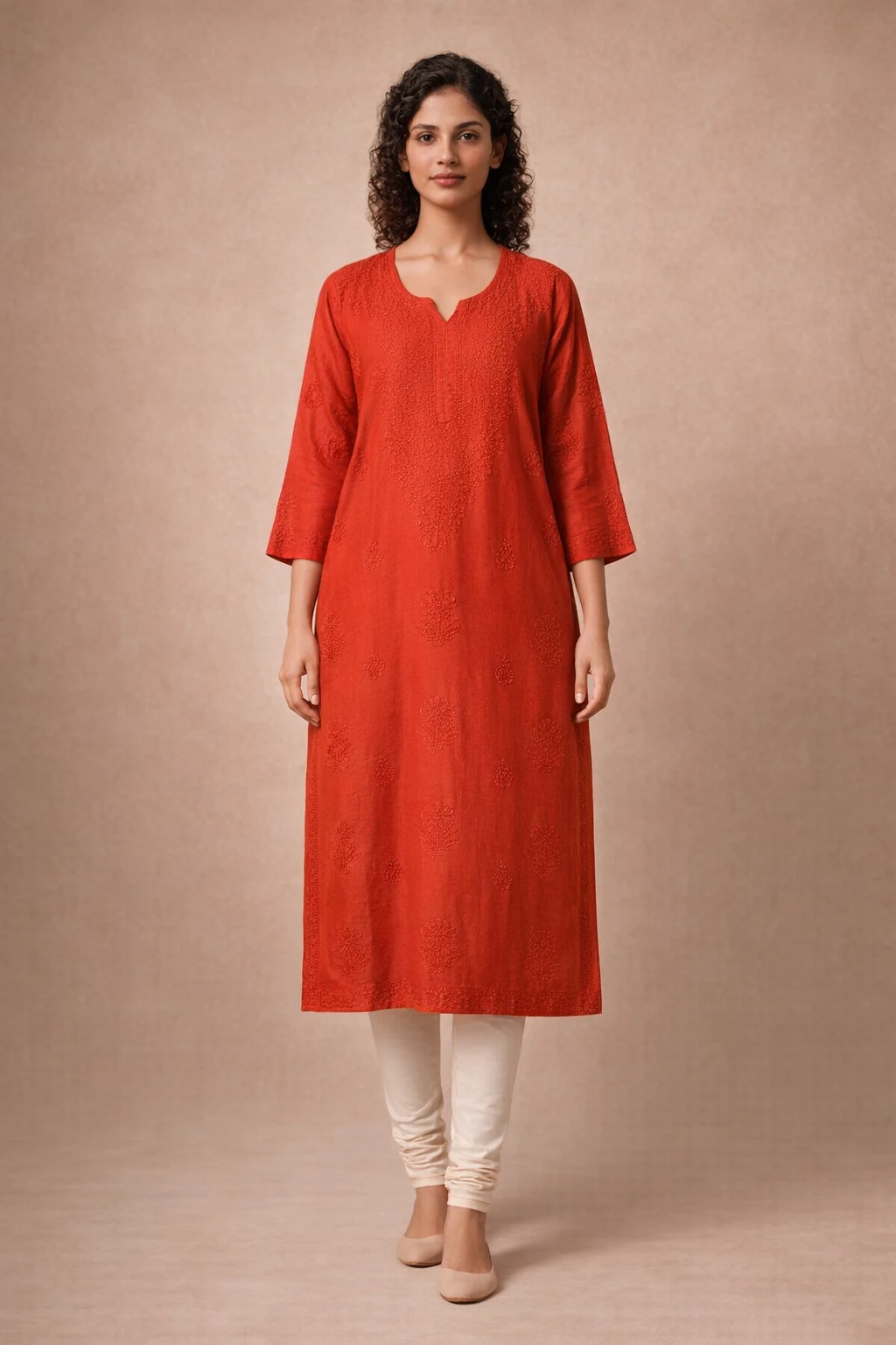 Red Lucknowi Chanderi Bakhiya Chikankari Kurti front view for women