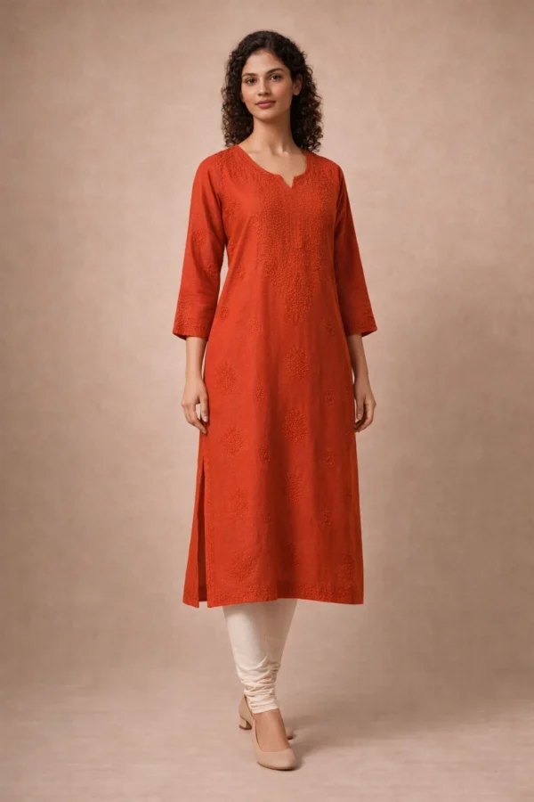 chanderi-bakhiya-chikankari-kurti-red-3 Model wearing red Chanderi bakhiya chikankari kurti