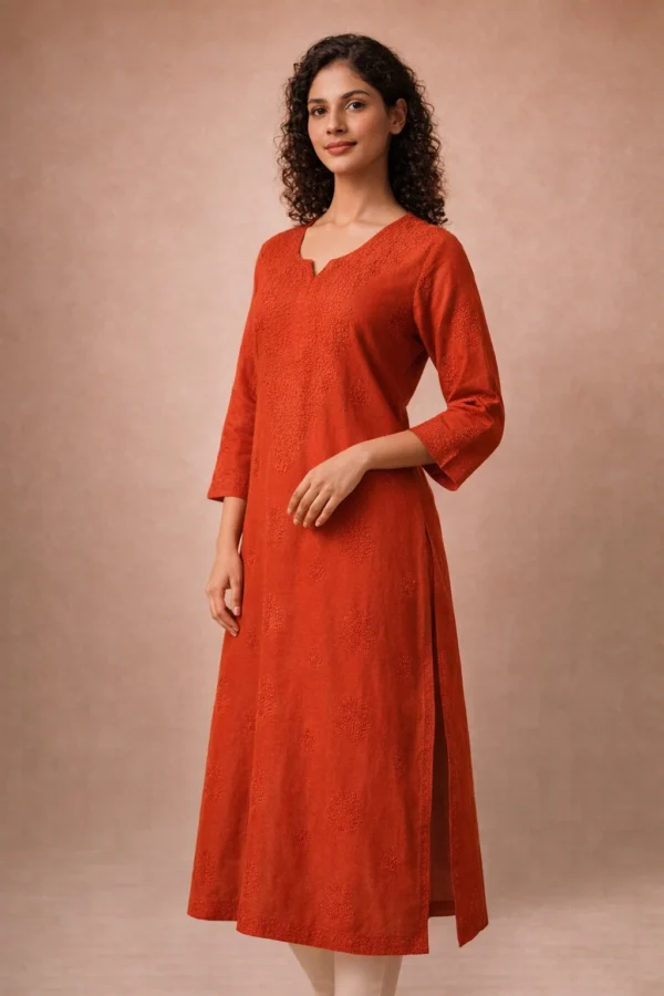 chanderi-bakhiya-chikankari-kurti-red-5 Fabric texture of red authentic Chanderi bakhiya chikankari embroidery