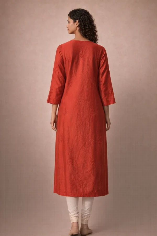 chanderi-bakhiya-chikankari-kurti-red-6 Back design of red hand embroidered Chanderi chikankari kurti