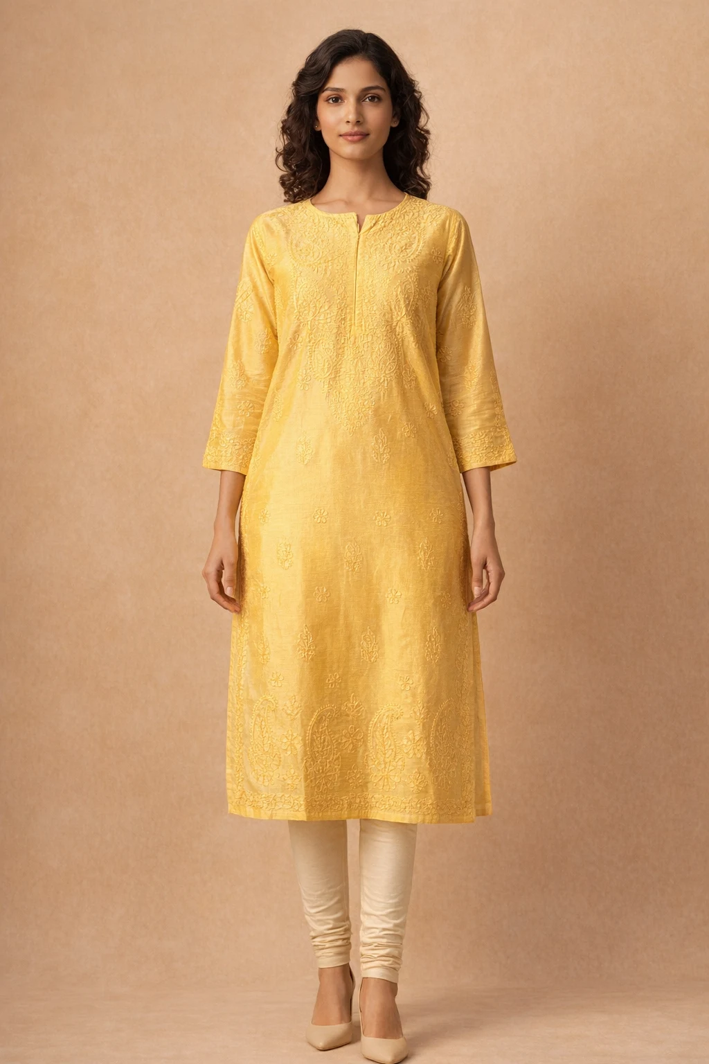 Yellow Lucknowi Chanderi Bakhiya Chikankari Kurti with delicate hand embroidery front view