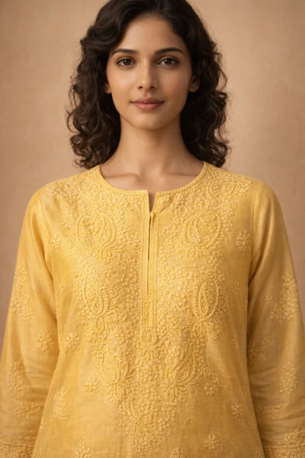 Detailed Bakhiya chikankari hand embroidery on yellow Chanderi fabric