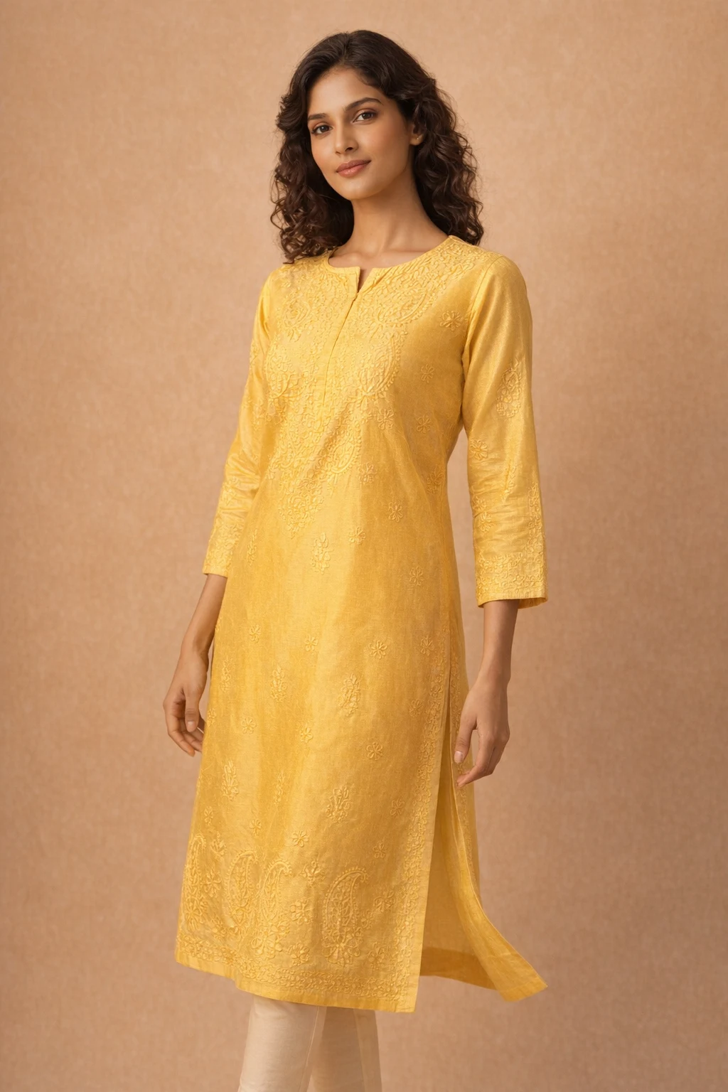 Soft yellow Chanderi fabric with traditional bakhiya chikankari work