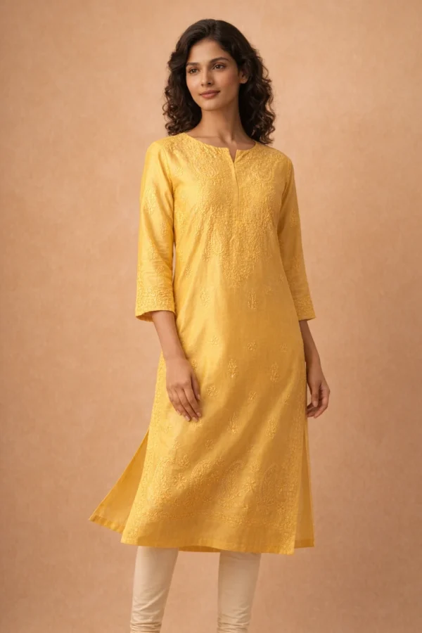 Model wearing yellow Chanderi bakhiya chikankari kurti handcrafted in Lucknow