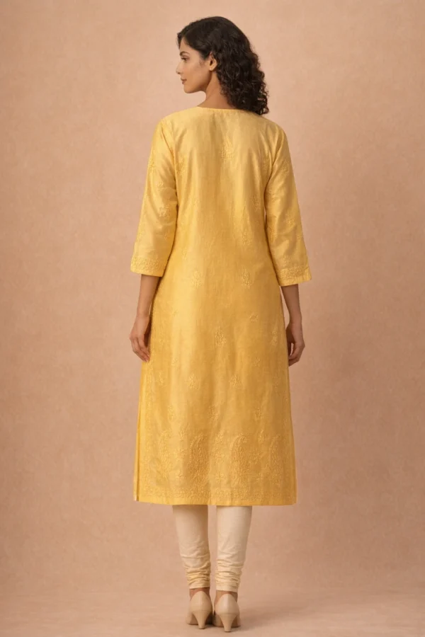 Back pattern of hand embroidered yellow Chanderi chikankari kurti